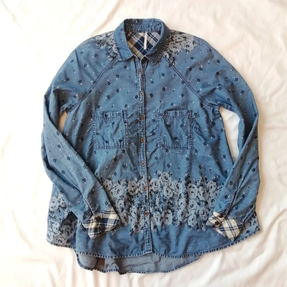 Free People Dottie Over You Chambray Button Up Floral and Plaid Blouse Medium - Picture 10 of 16